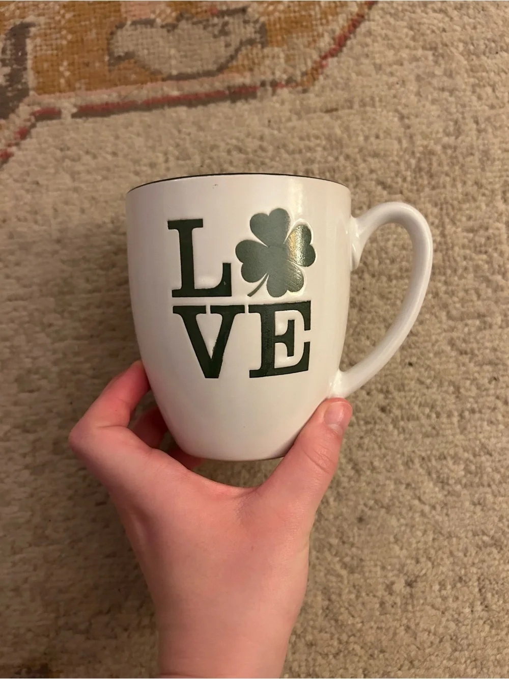 Spectrum Designz White “Love” Mug W/ Green Shamrock Detail